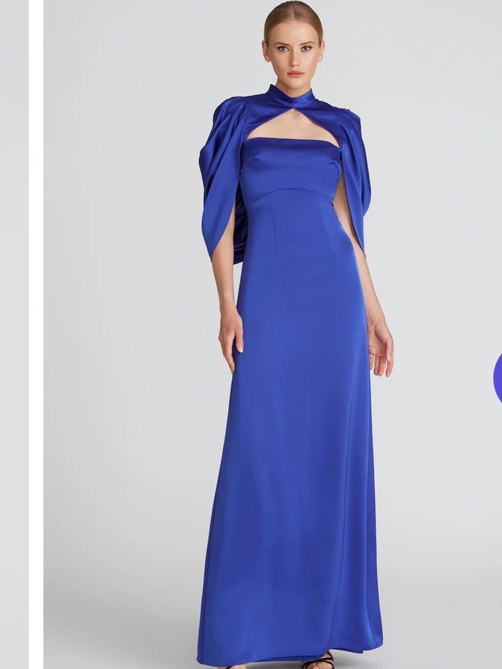 Theia Cobalt Blue Satin Maxi Gown with Capelet